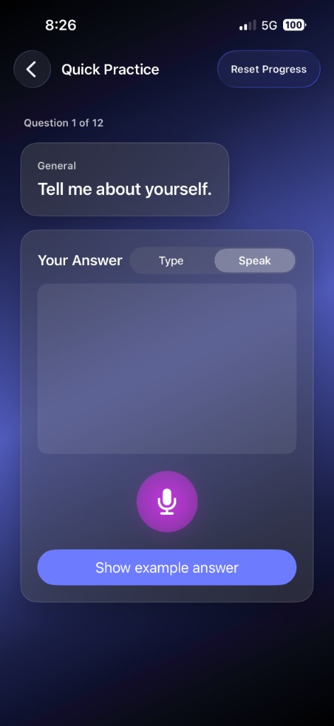 Quick practice screen