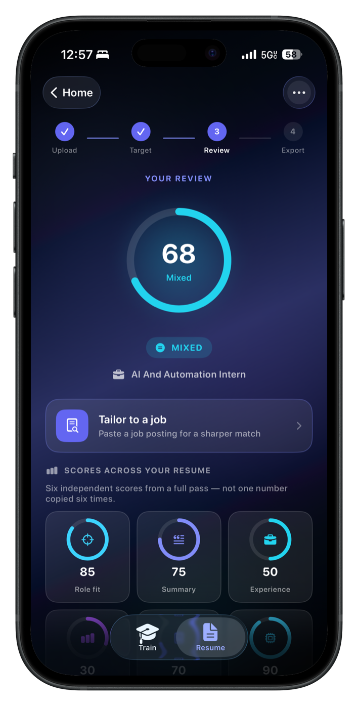 HireMind resume review with overall score and role-fit breakdown